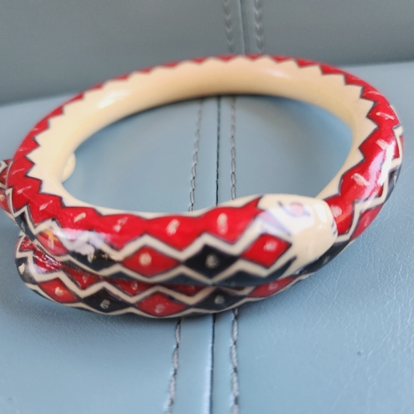 20s SNAKE Serpent Cuff Bangle Art Deco Ivorine Harlequin Handpainted Bracelet - Picture 5 of 16